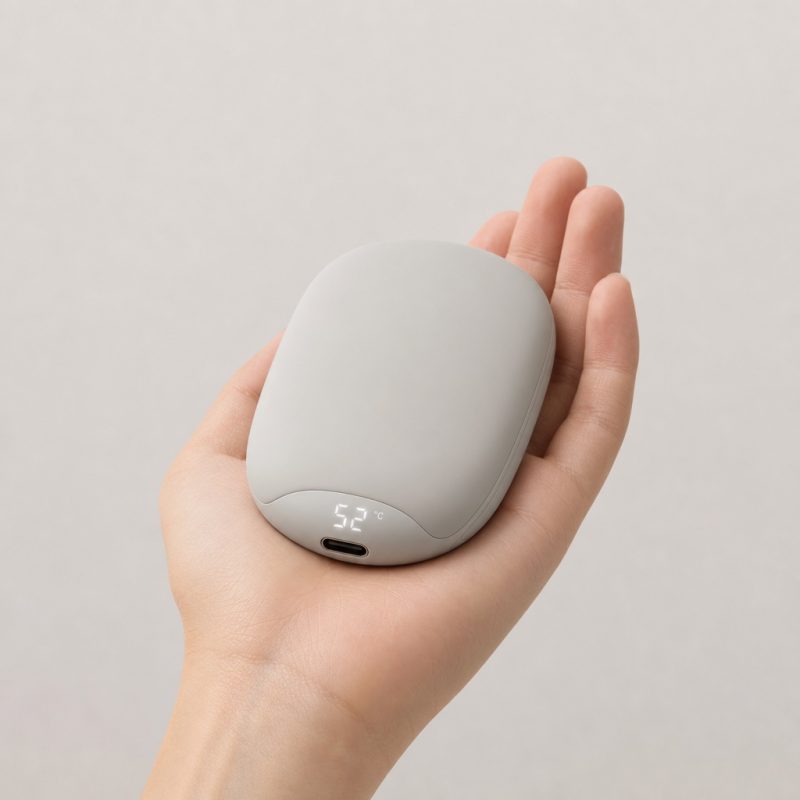 Pebble-shaped rechargeable hand warmer in an open palm