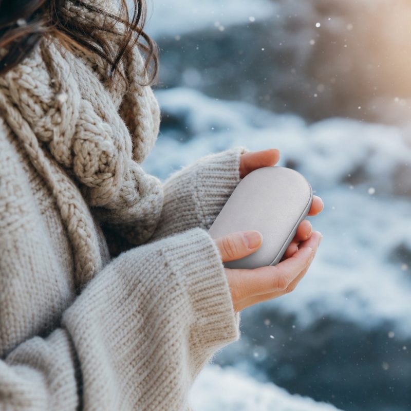 Hands holding the hand warmer outdoors in falling snow