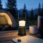 Camping lantern on a camp table at dusk beside a tent
