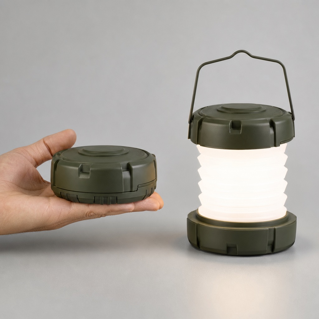 Lantern collapsed flat in one hand next to expanded lantern