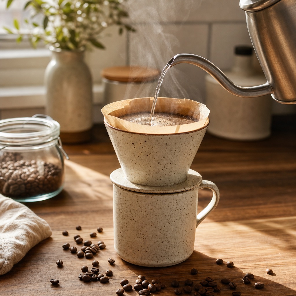 Morning pour-over brewing with gooseneck kettle and steam