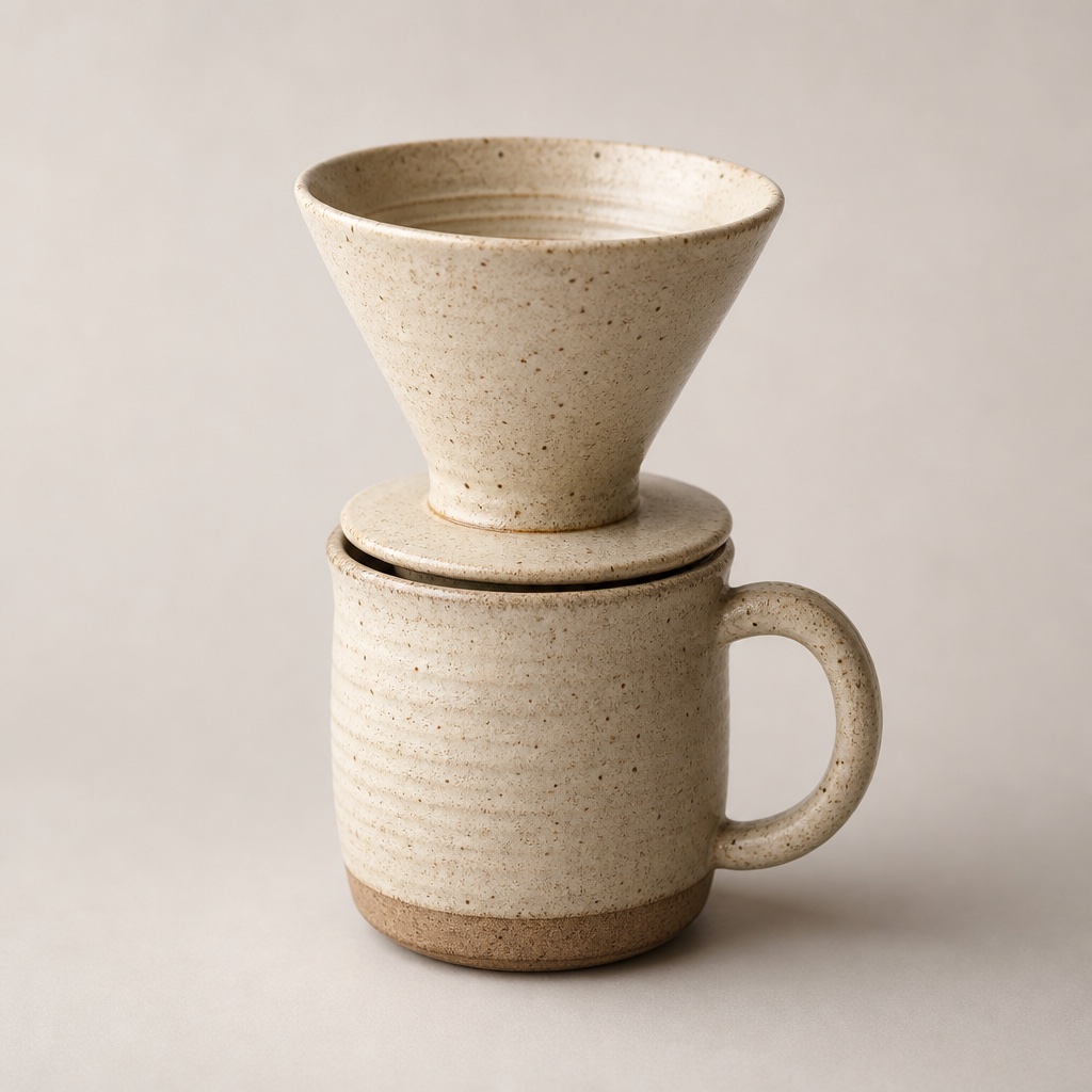 Handmade speckled cream ceramic pour-over dripper and mug set