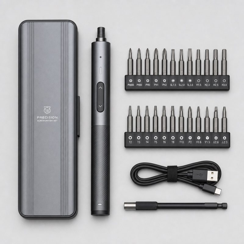 Full screwdriver kit flat lay with 24 bits and USB-C cable