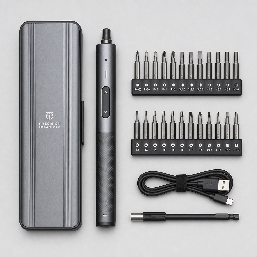 Full screwdriver kit flat lay with 24 bits and USB-C cable