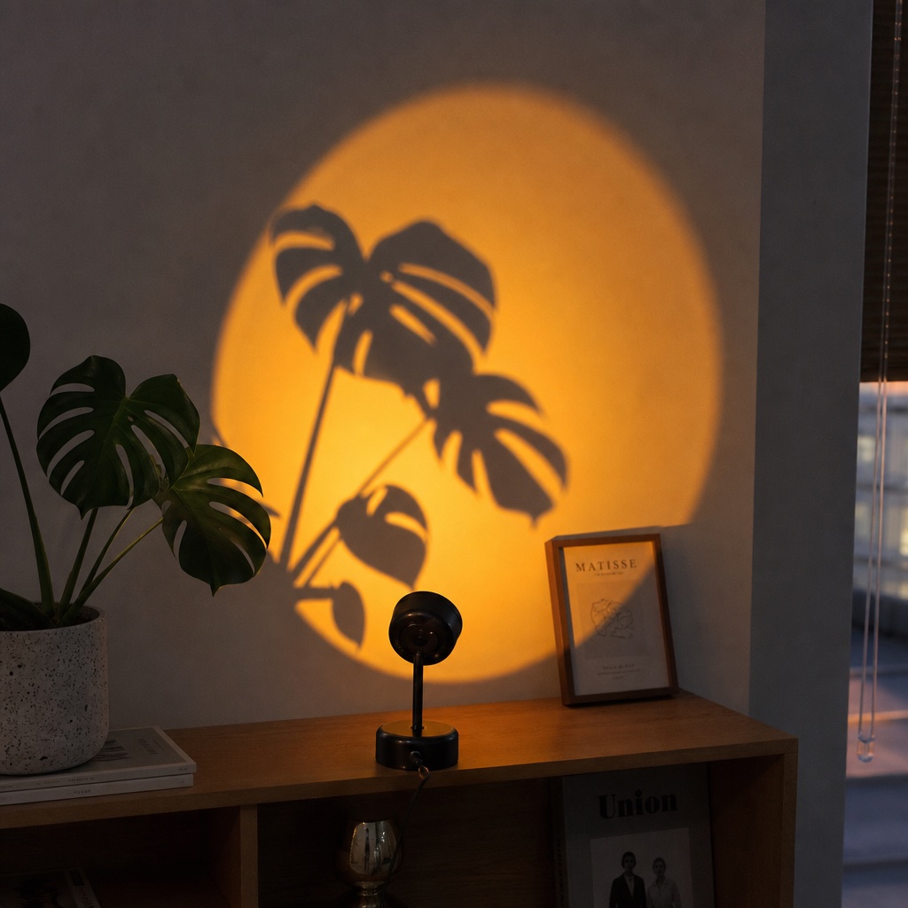 Sunset lamp casting plant shadows on a wall