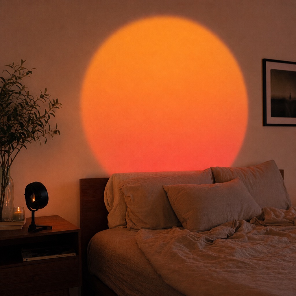 Sunset lamp glowing above a bed at night